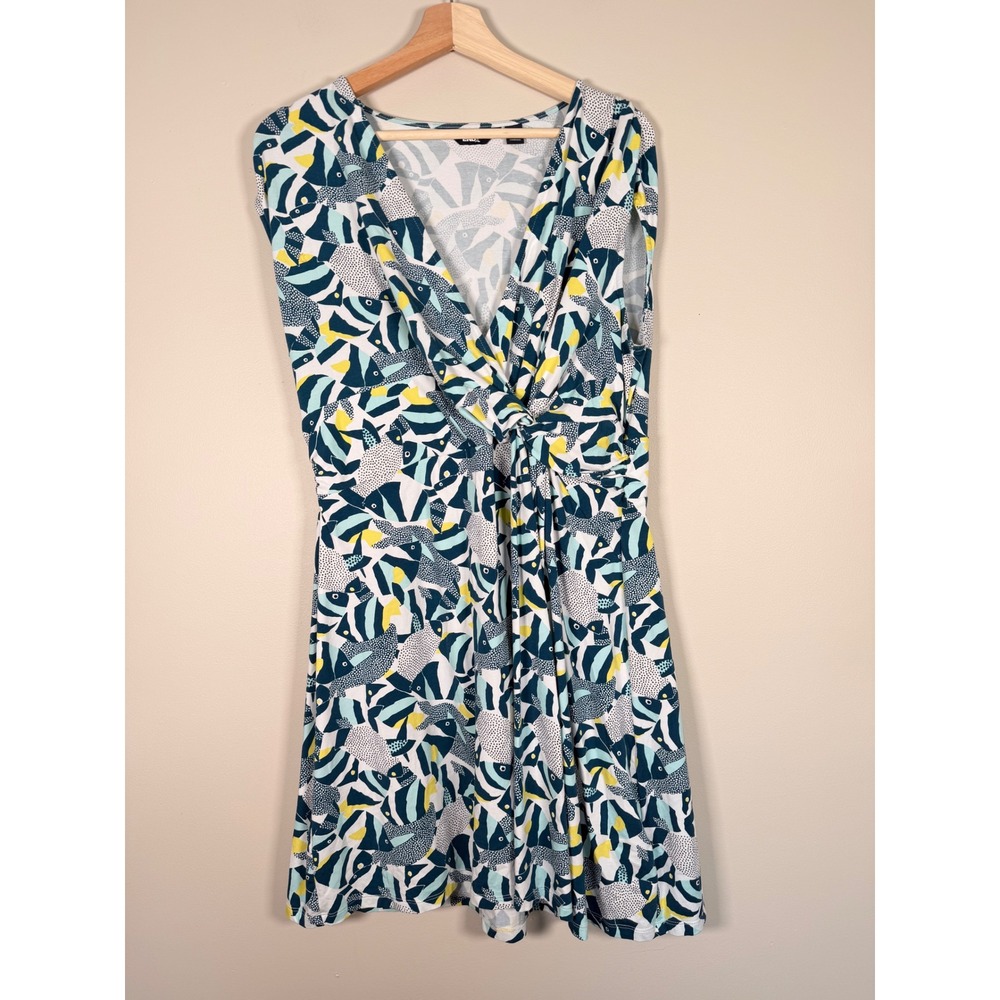 Lands End Womens XL 18 Petite Fish Print Faux Wrap Dress Sleeveless Teal Yellow - Picture 2 of 8
